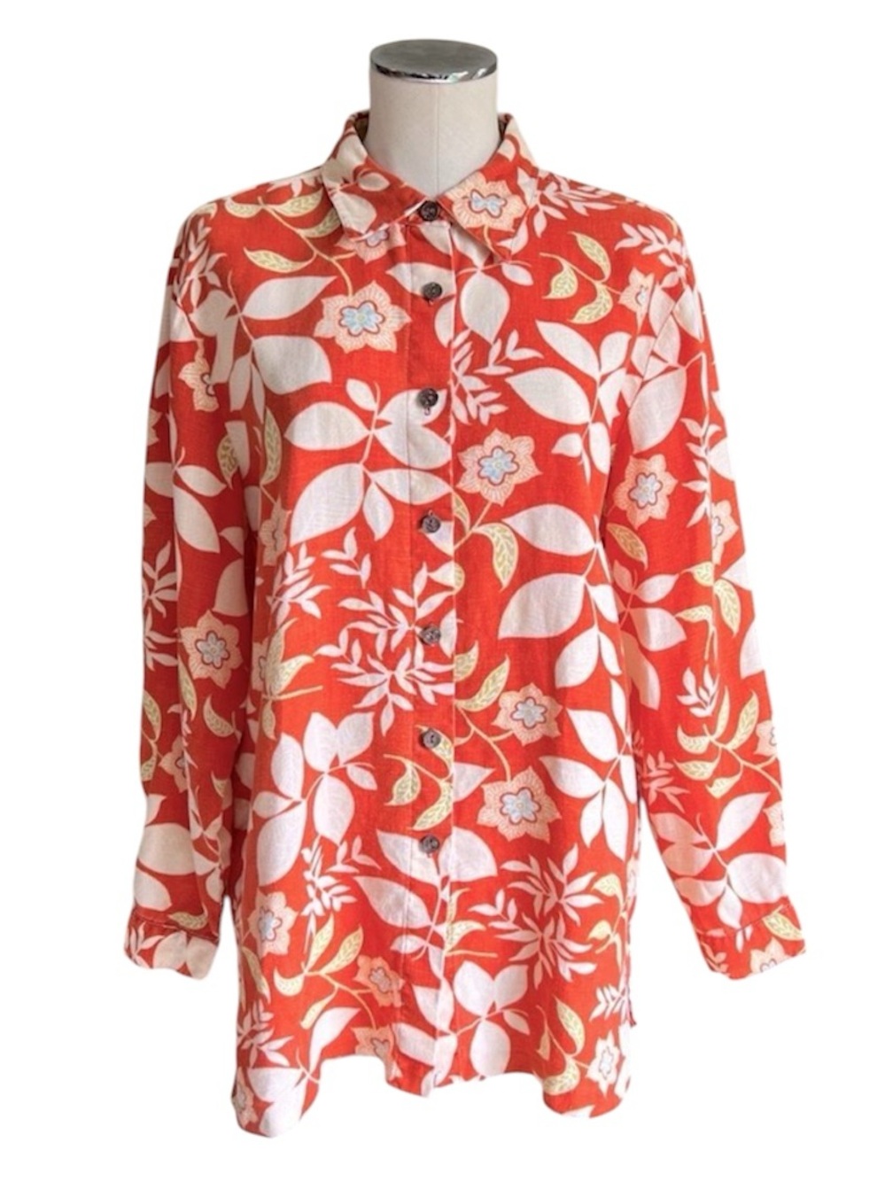 Spiegel 100% Linen Shirt Sz M Button Up Floral Long Orange Boho Retro Western